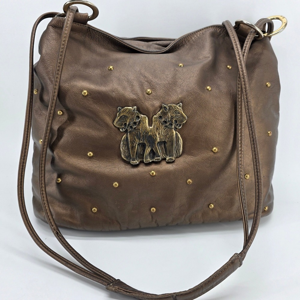Bronze Hobo Shoulder Bag Studded Metallic Tiger Panther Y2K Grunge Slouchy Edgy